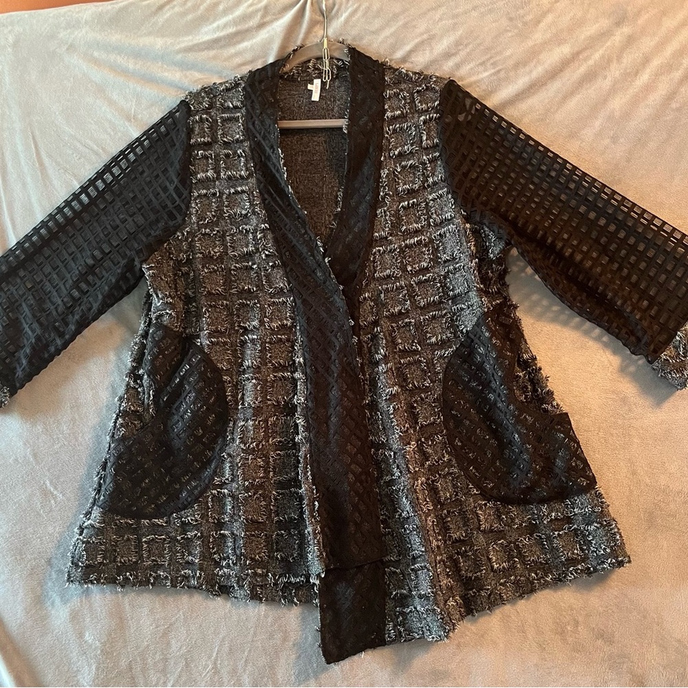 Lindi  Women's Asymmetrical Sweater Jacket with Mesh Cutout Sleeves Casual Work
